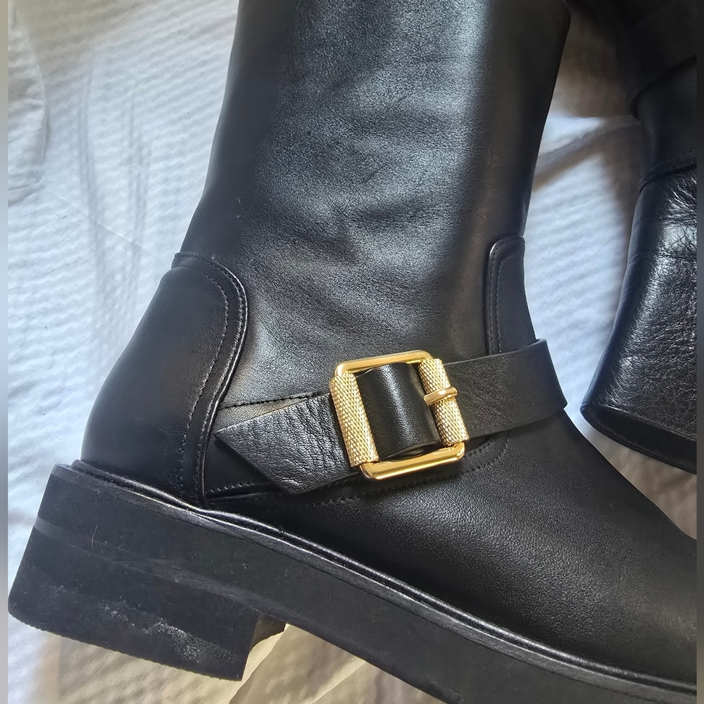 Stuart Weitzman NEW Black Combat Boots with Gold Buckle - Picture 8 of 14